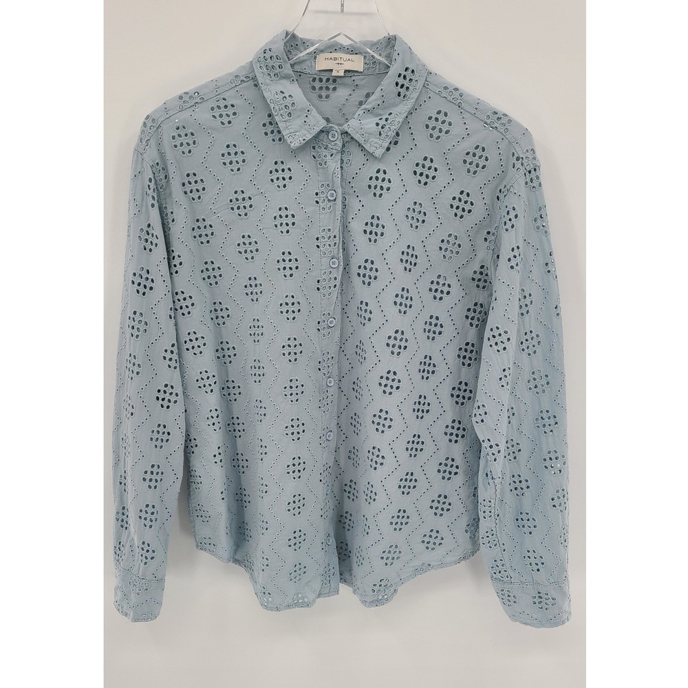 Habitual Cottaegcore Women Eyelet Shirt Size Small Blue Coastal Grandma Resort‎